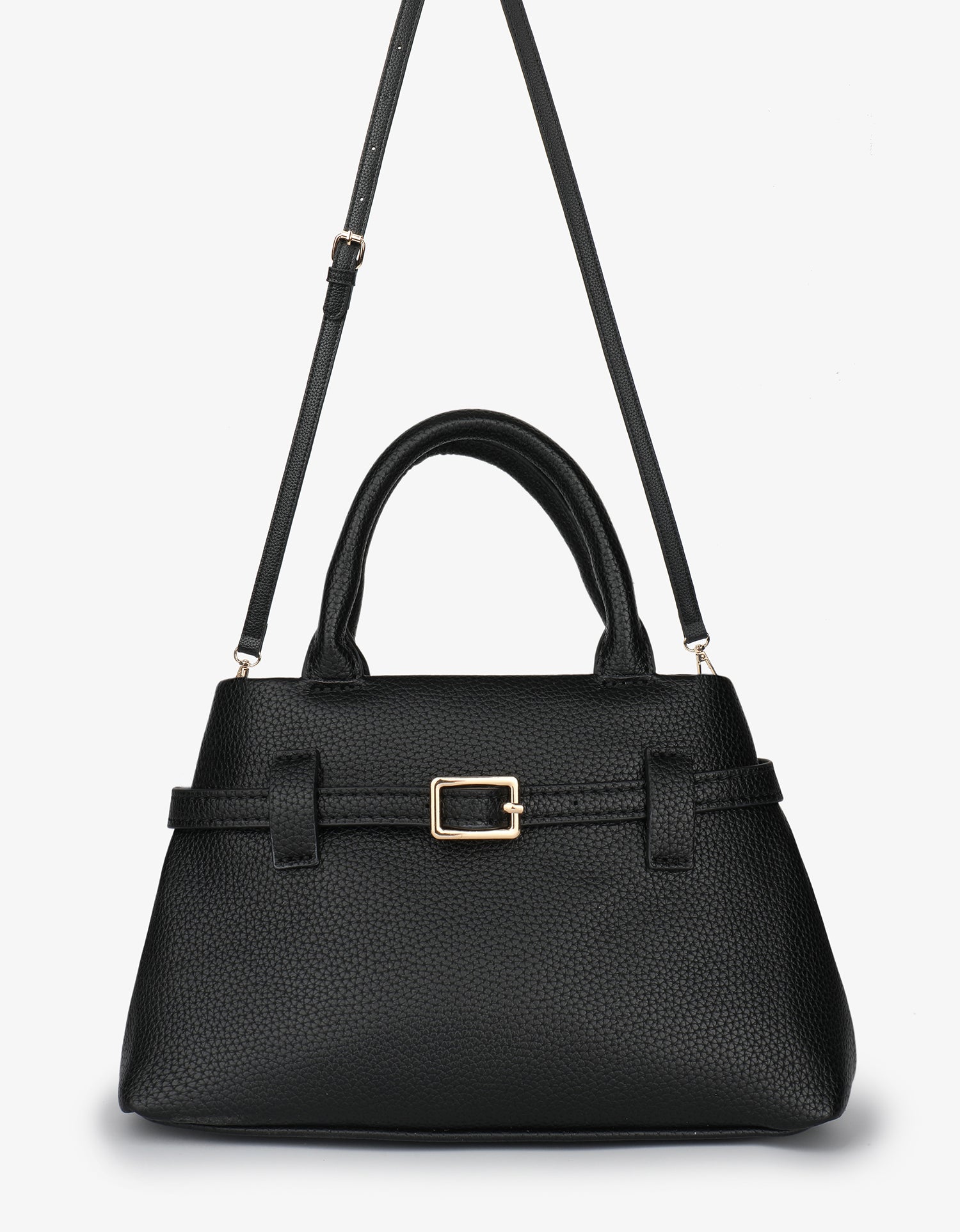 black vegan leather handbag with gold buckle detail and strap_Remi and Reid