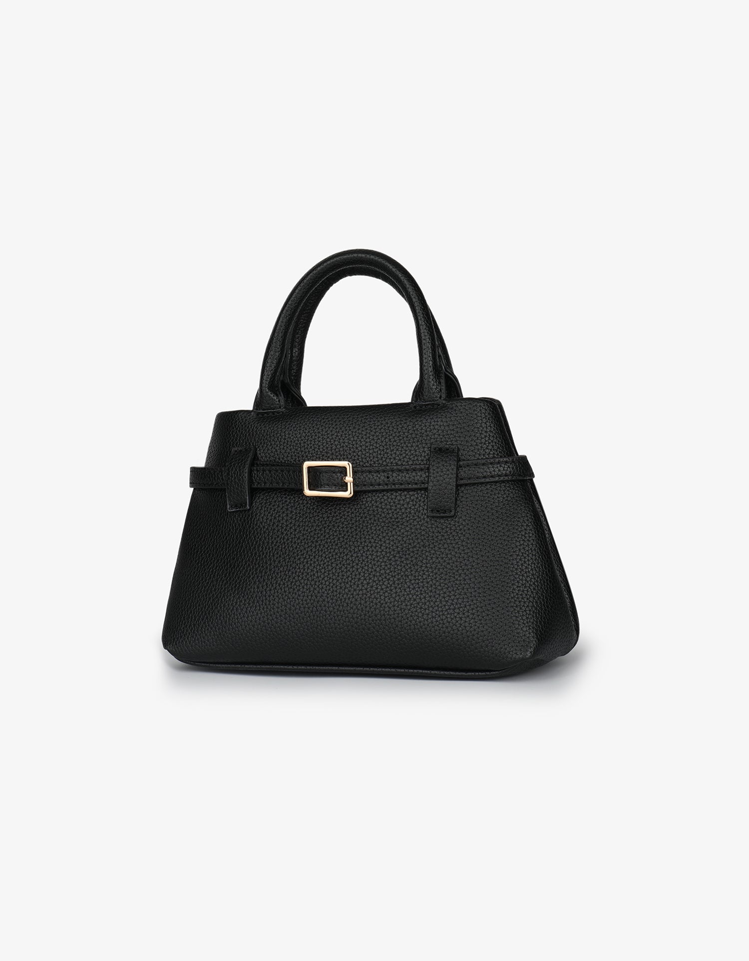 Black vegan leather handbag with a gold buckle and strap_Remi and Reid