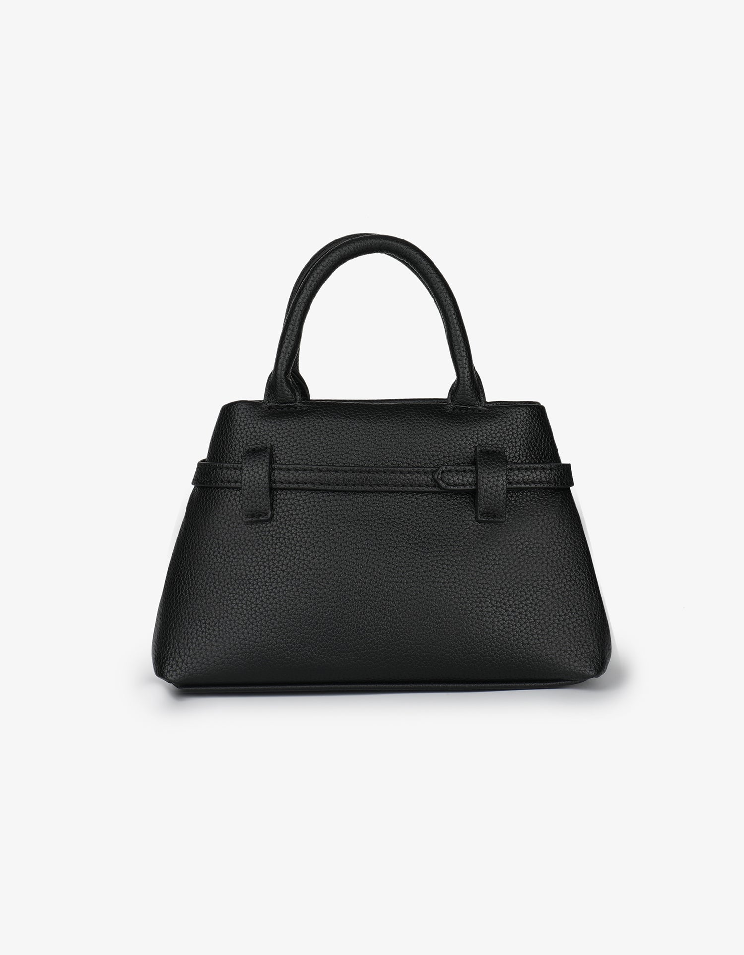 Black handbag with a gold buckle and strap handle in back view_Remi and Reid