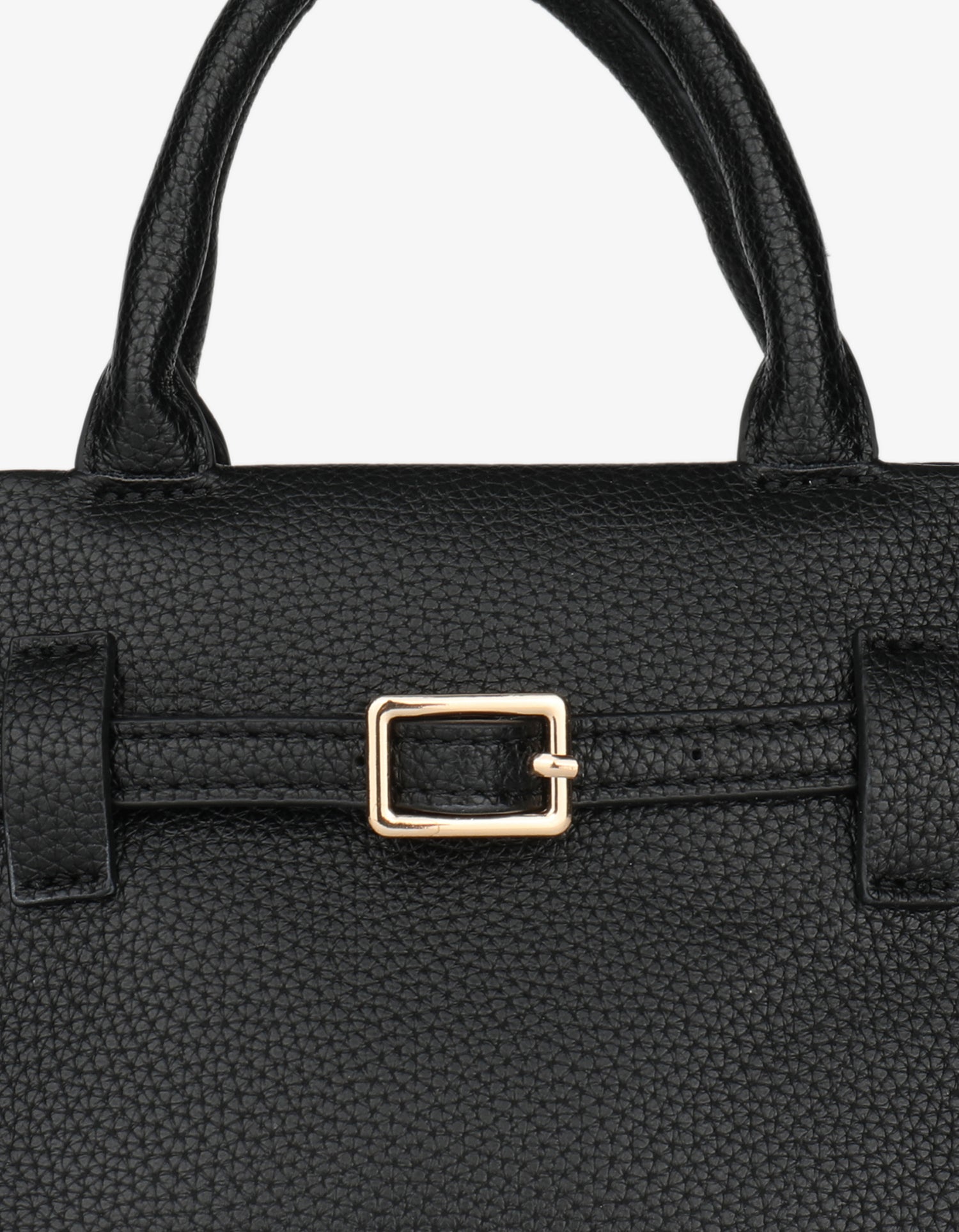 close-up of black handbag with a gold buckle and strap handle_Remi and Reid