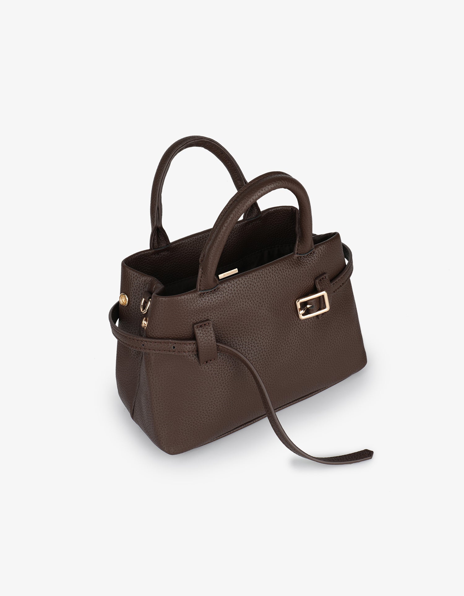 Brown handbag with a strap and buckle detail_Remi and Reid