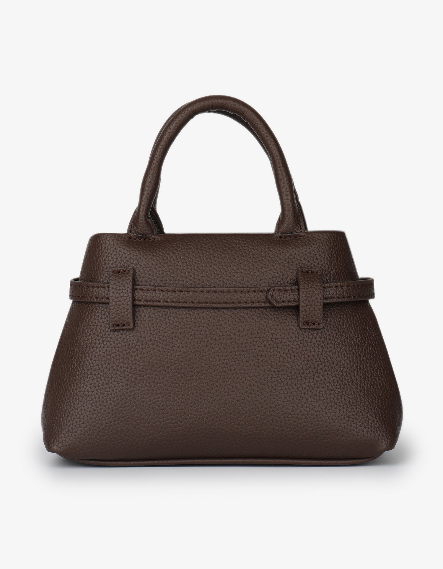 Brown handbag with belt strap detail back view_Remi and Reid