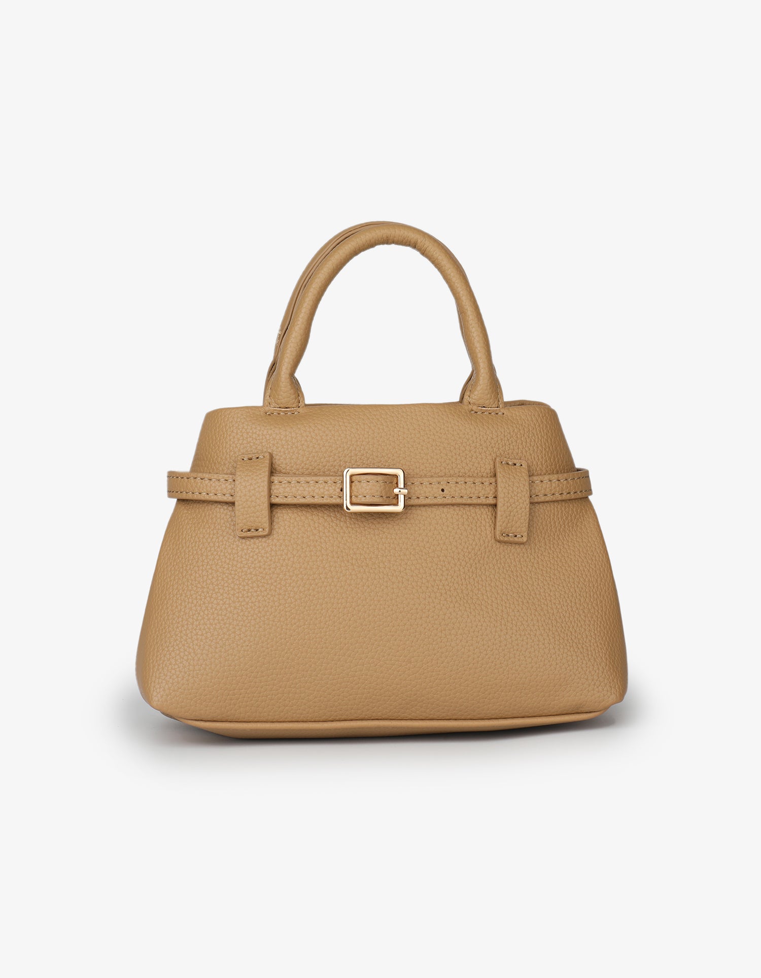 Light tan beige handbag with a gold buckle on a strapped_Remi and Reid