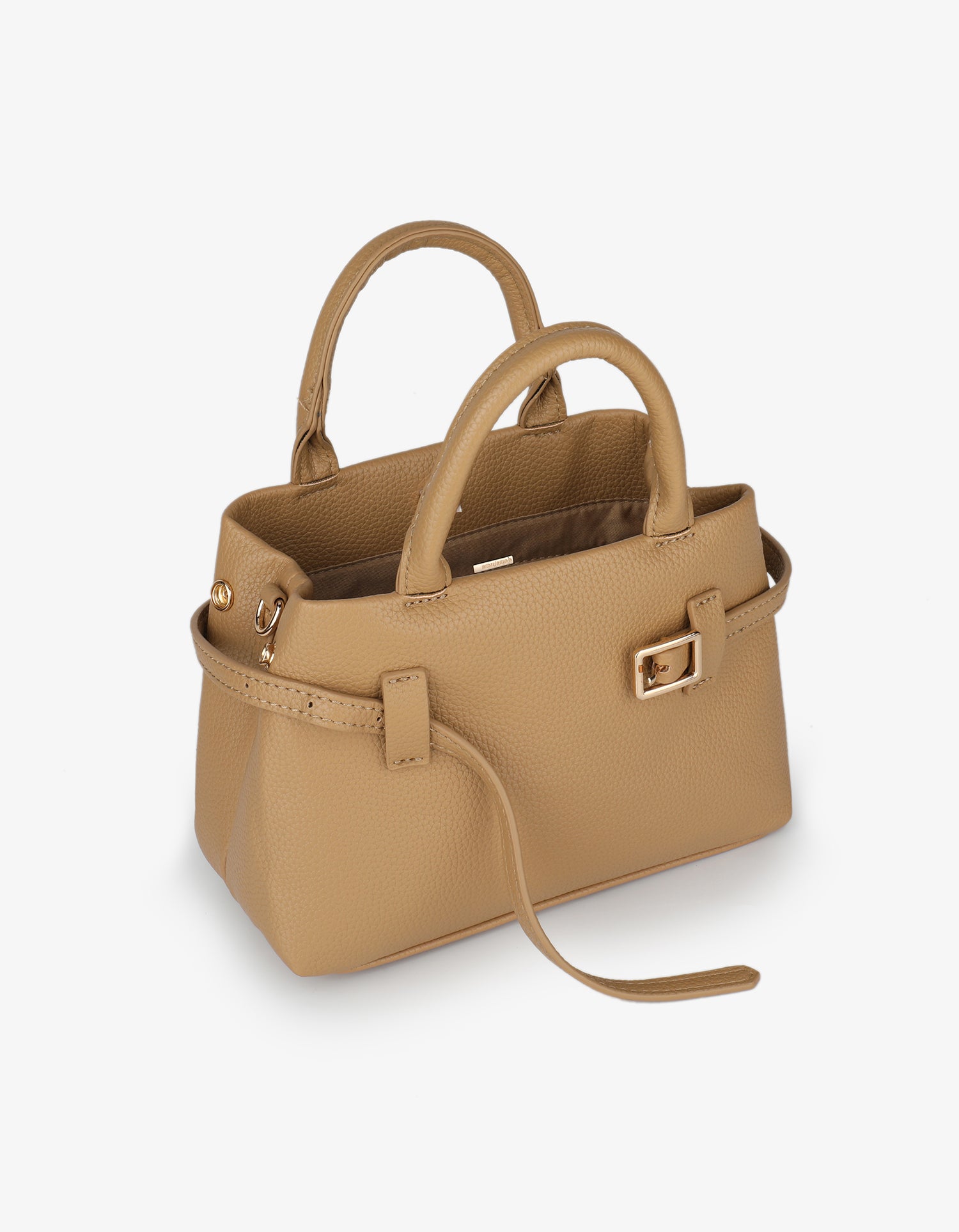 Light tan handbag with a strap and buckle_Remi and Reid