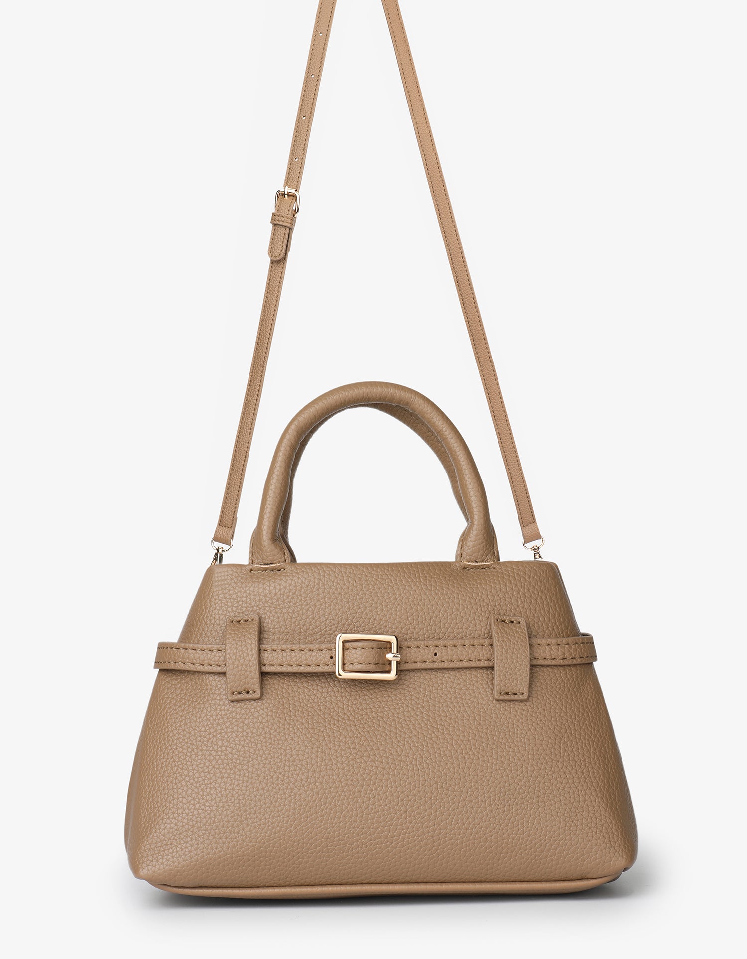 taupe handbag with strap and buckle details_Remi and Reid