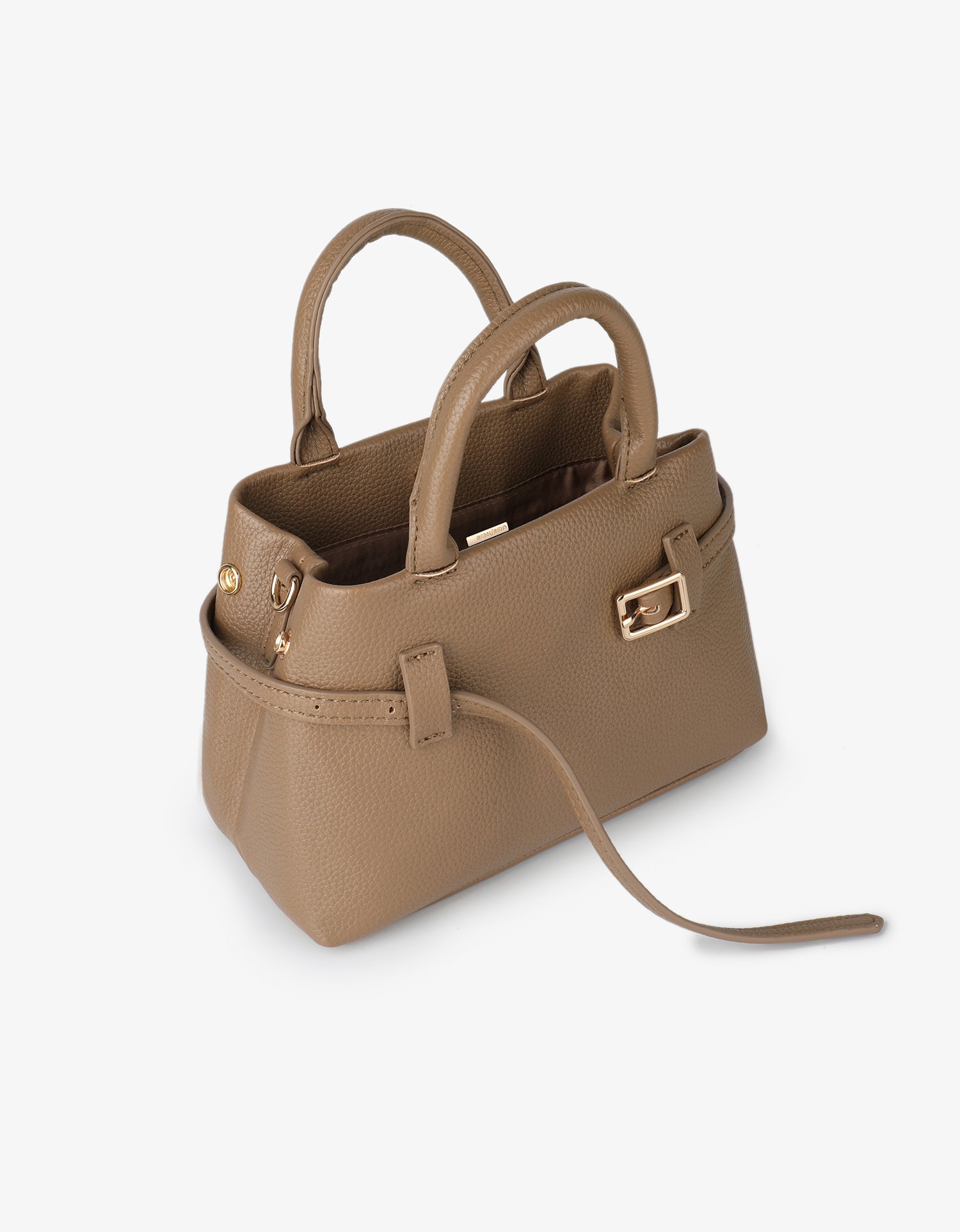 Taupe mini handbag with gold accents and buckle_Remi and Reid