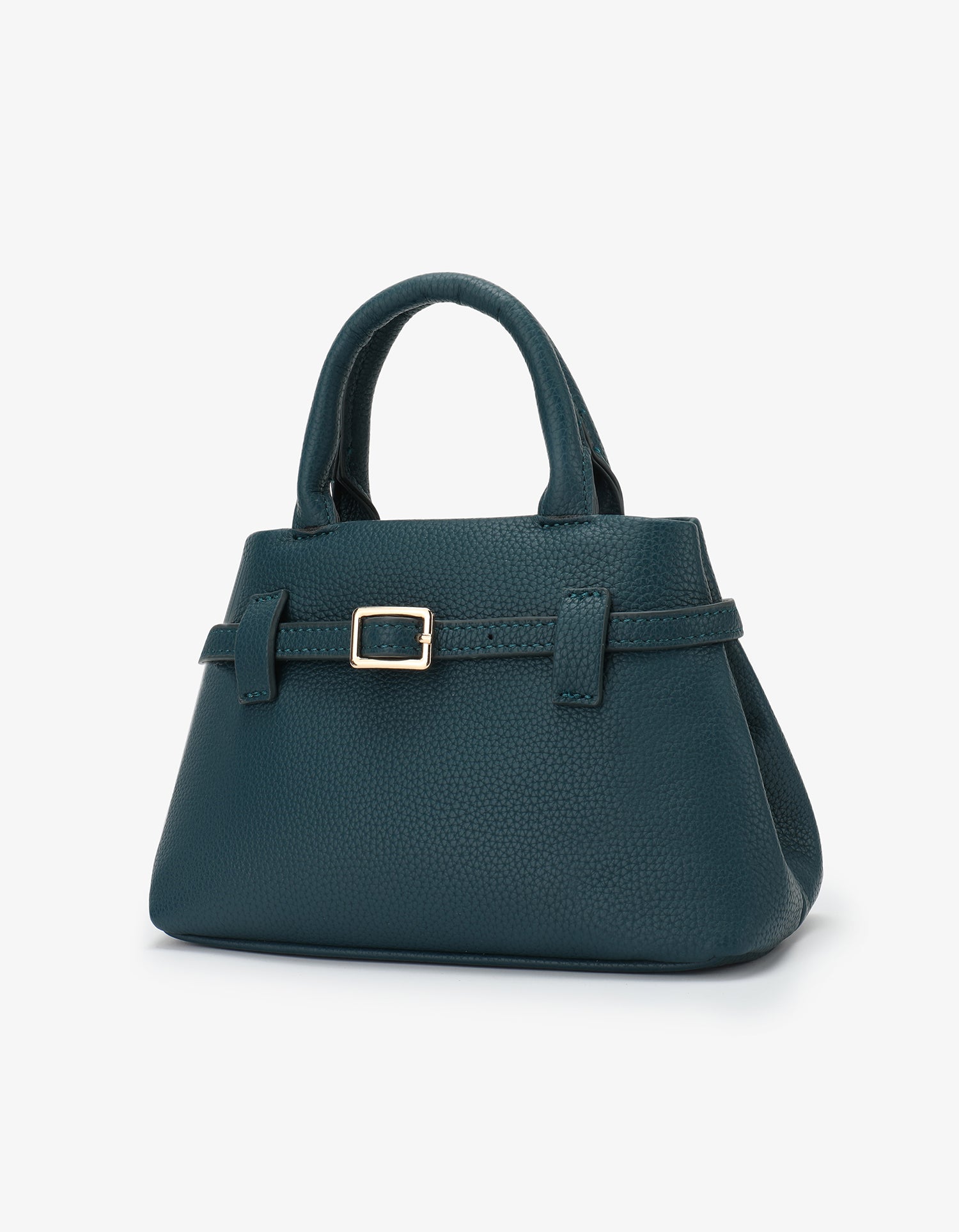 Teal leather handbag with a top handle, gold buckle detail, and pebbled texture_Remi and Reid