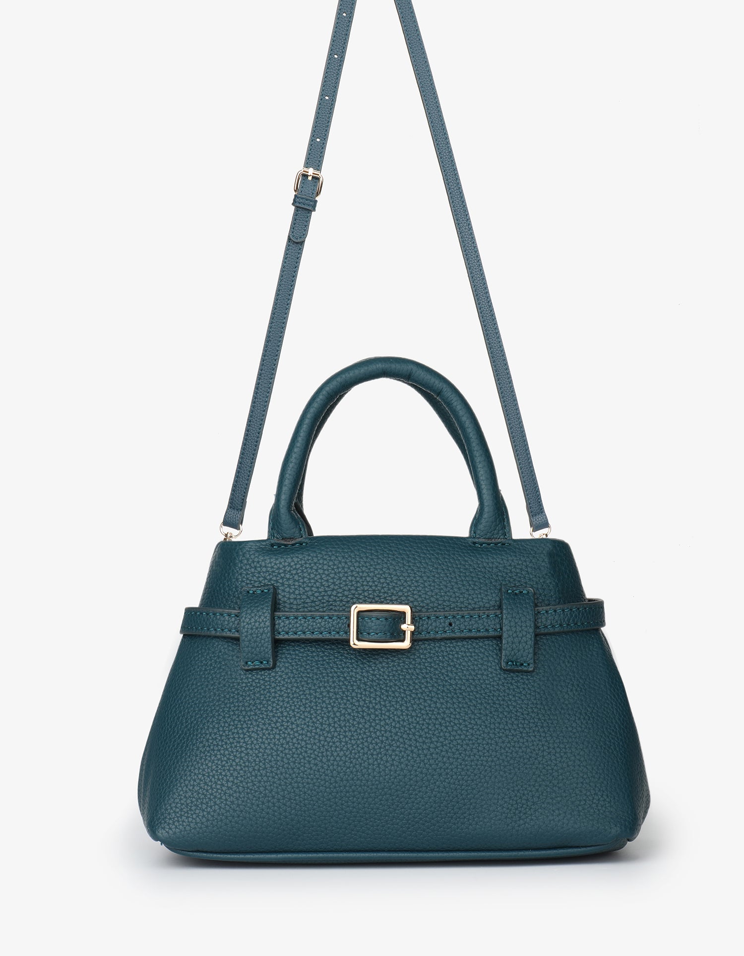Dark teal leather handbag with a top handle, gold buckle detail, and pebbled texture_Remi and Reid