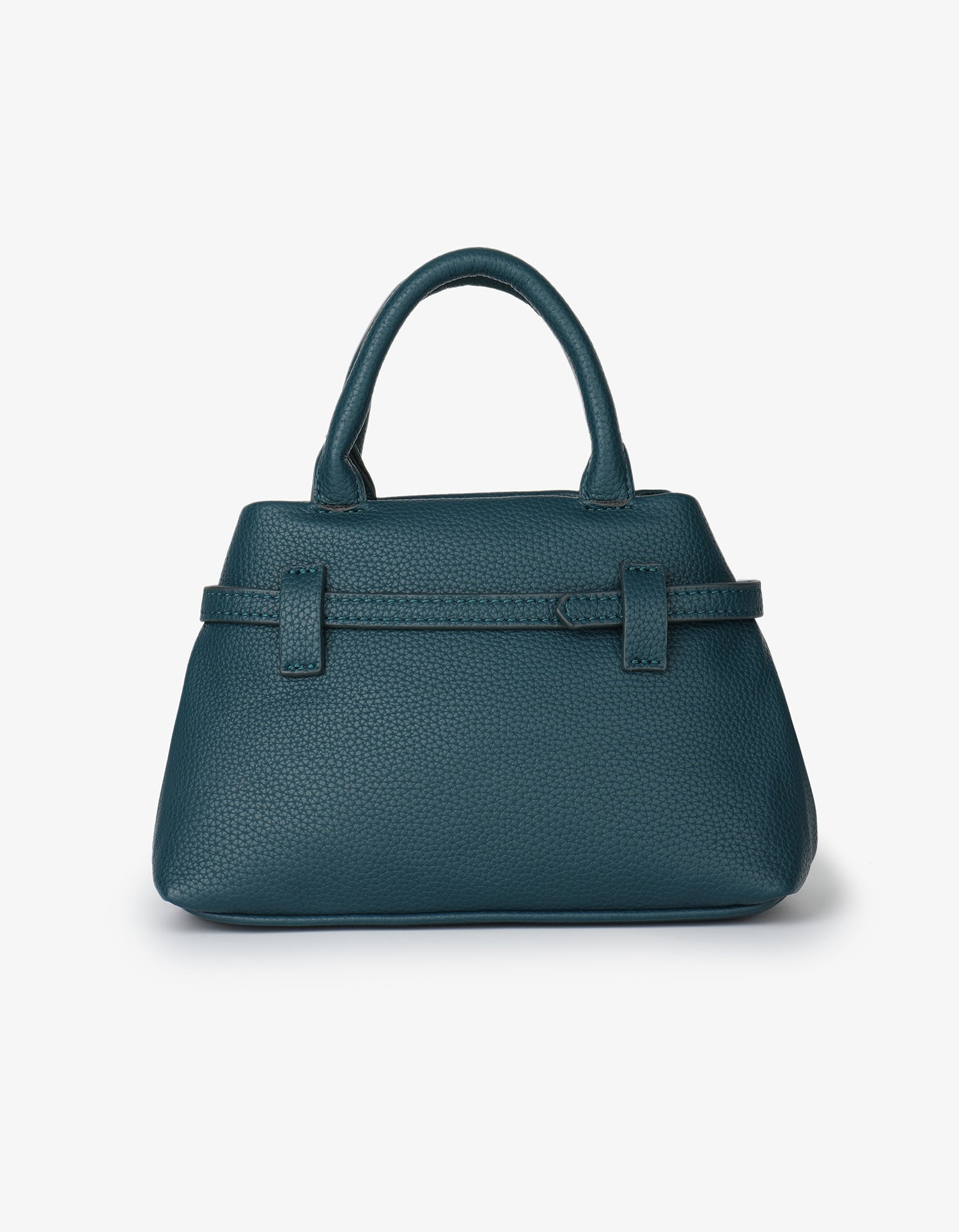 Teal leather handbag with a strap belt detail_Remi and Reid