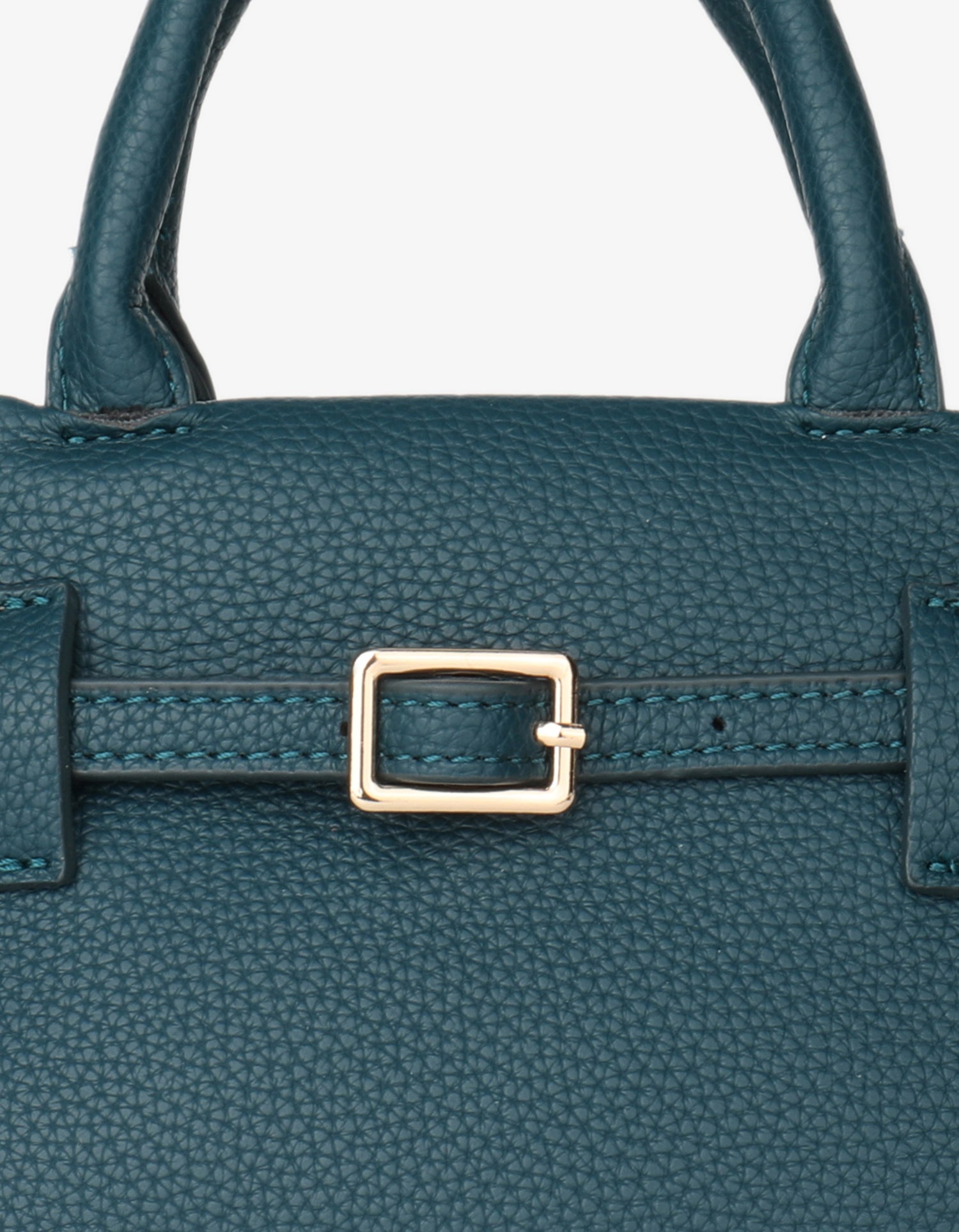 Dark teal leather handbag with a top handle, gold buckle detail, and pebbled texture_Remi and Reid