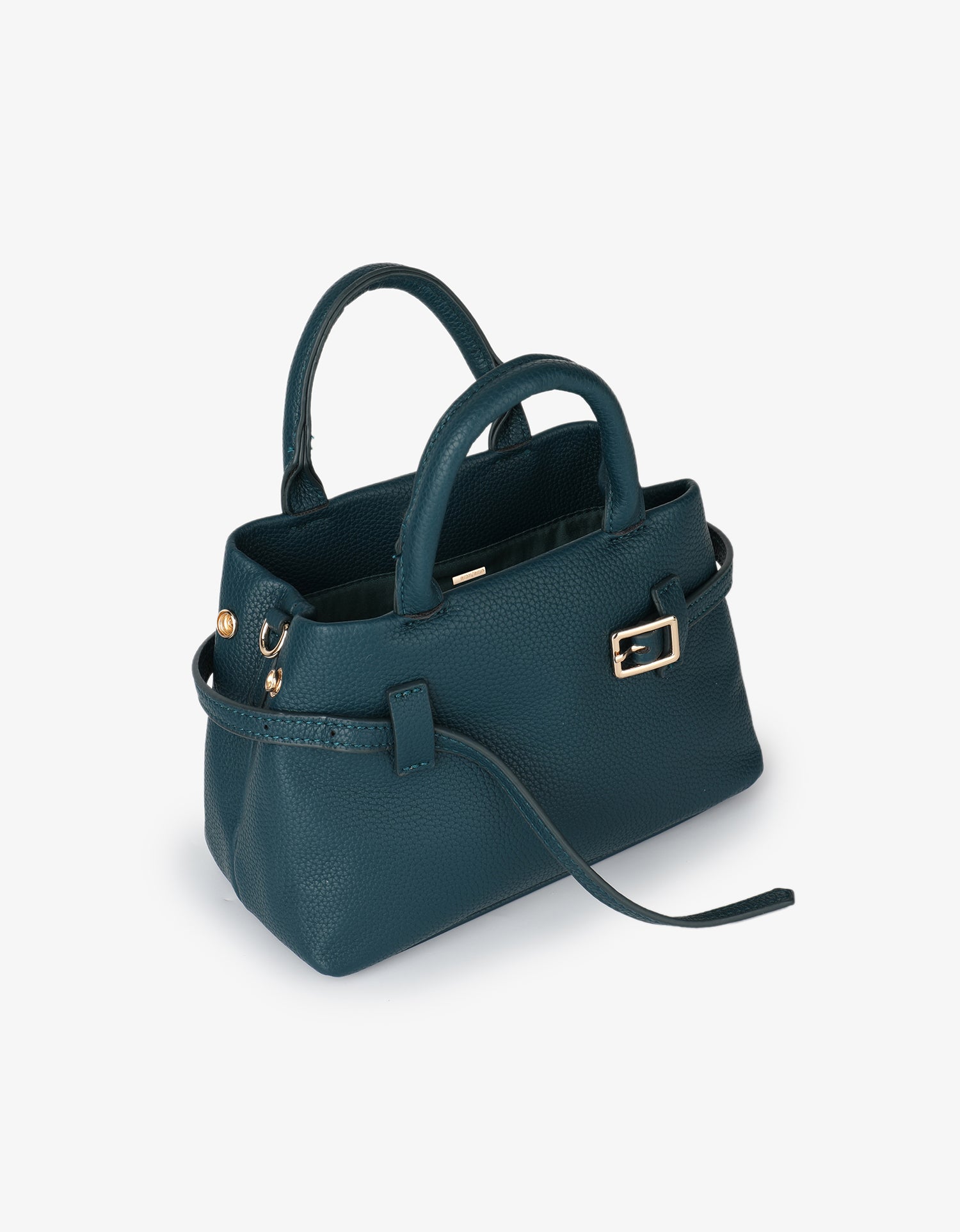 Dark teal leather handbag with a top handle, gold buckle detail, and pebbled texture_Remi and Reid