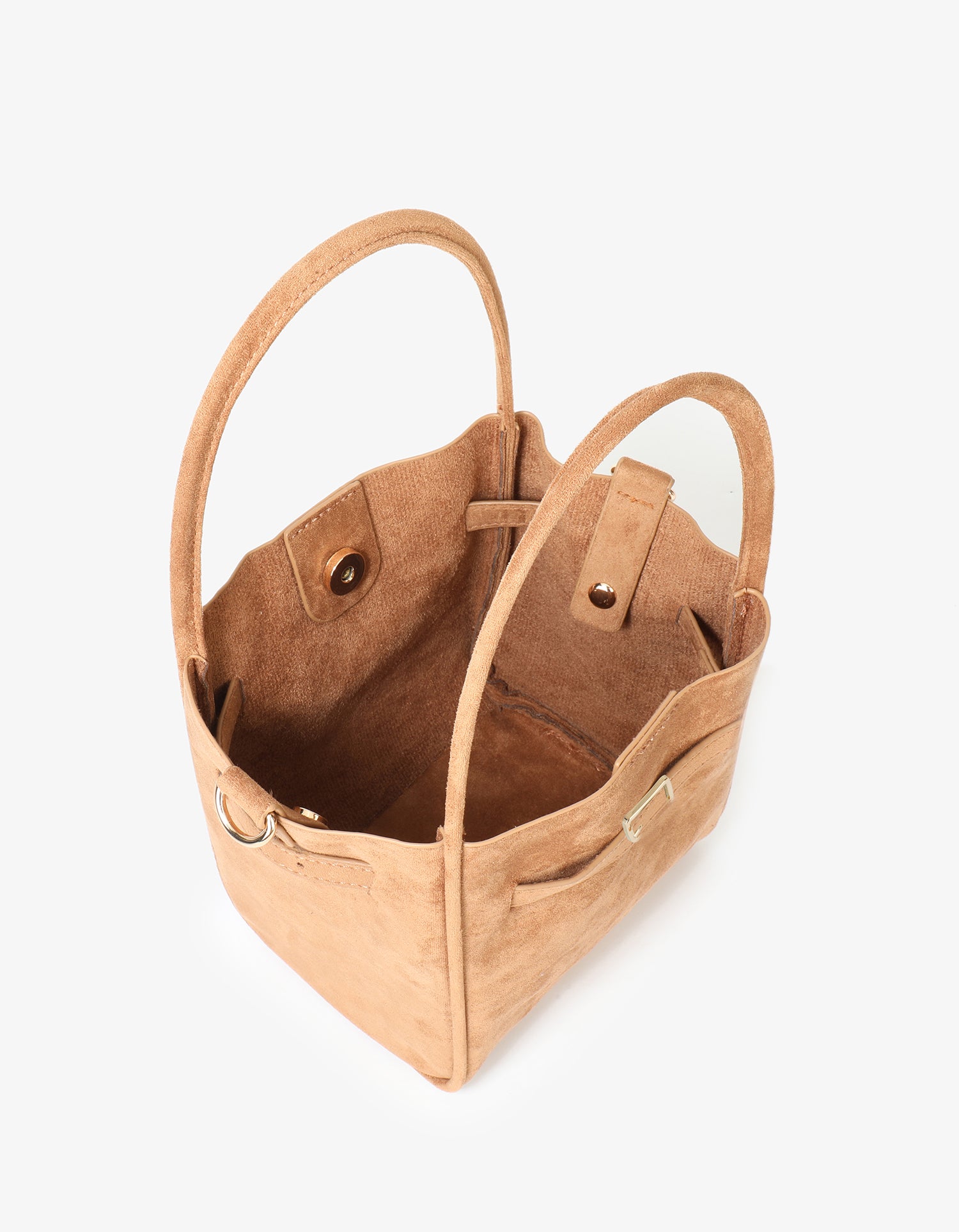 HOLLACE MINI TOTE FAUX SUEDE BUCKLE CAMEL