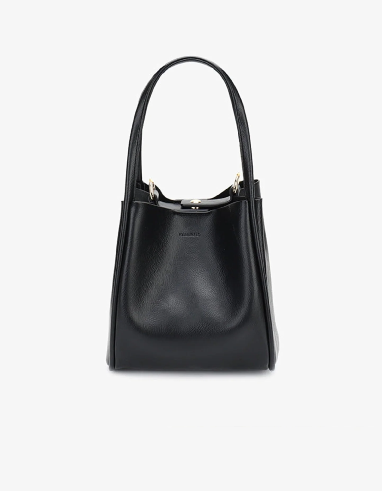 A black mini tote handbag with a structured handle and a magnetic snap closure.