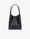 A black mini tote handbag with a structured handle and a magnetic snap closure.
