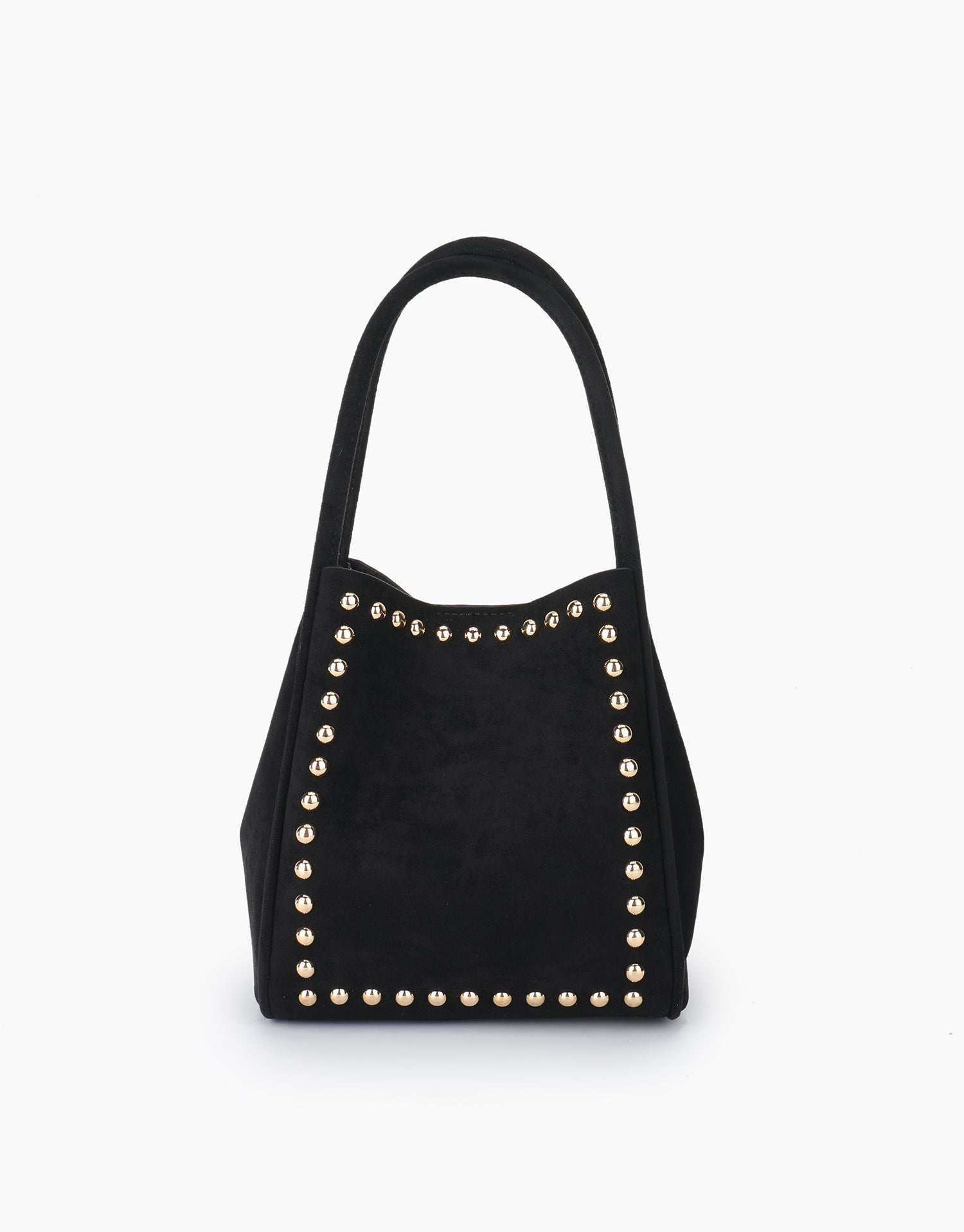 Chic black bucket handbag with gold studs design_Remi and Reid