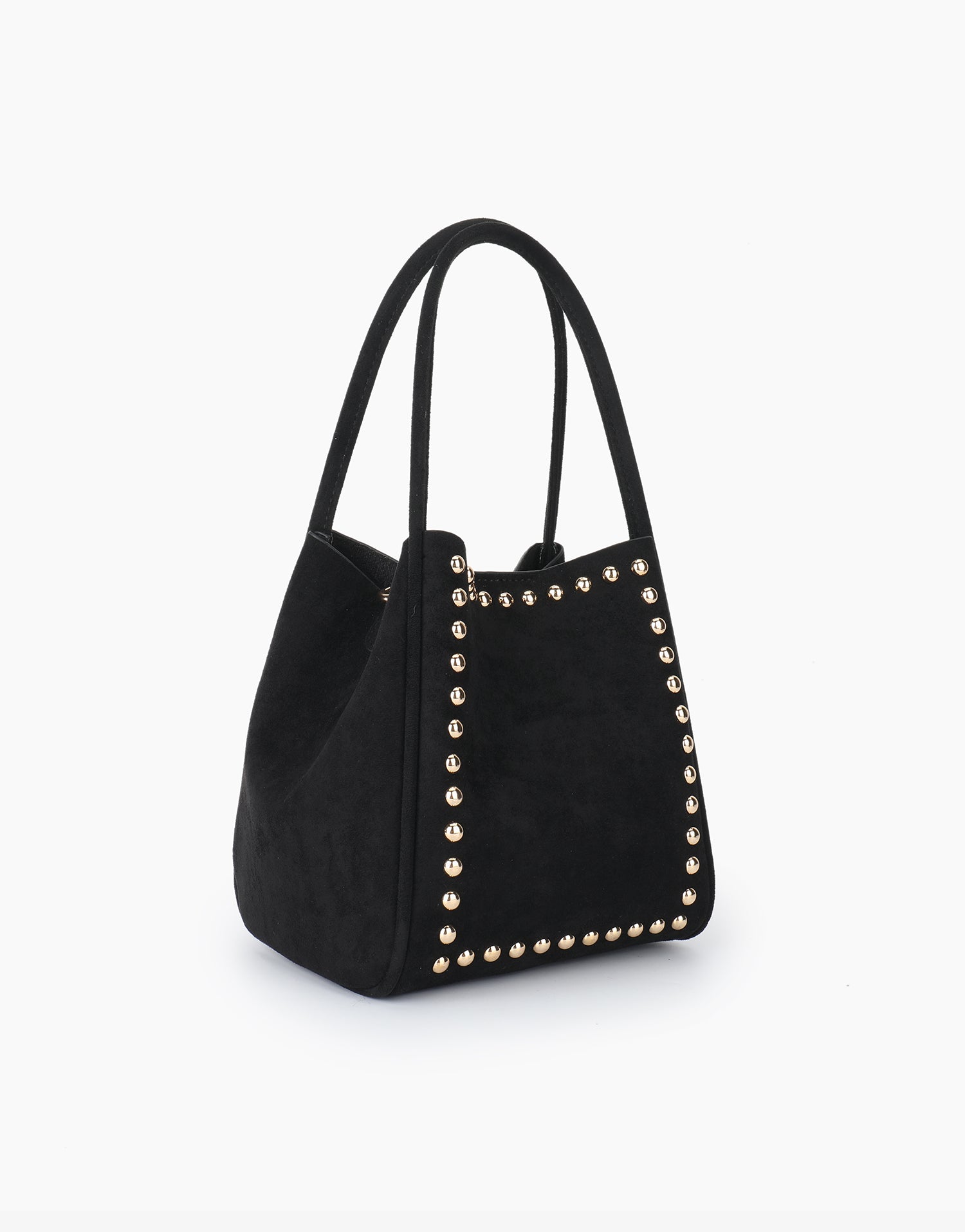 Black bucket handbag with gold studs details_Remi and Reid