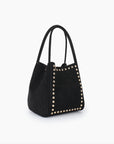 Black bucket handbag with gold studs details_Remi and Reid