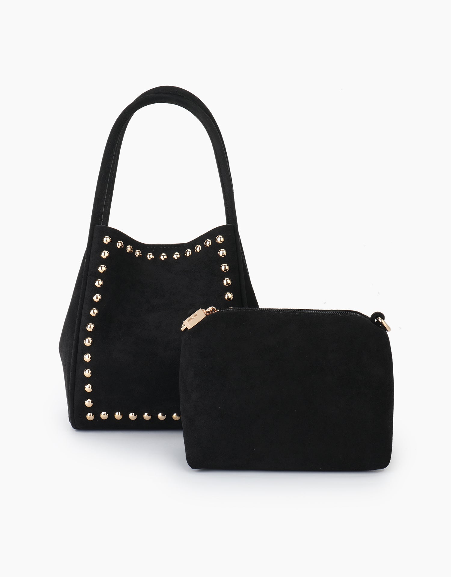 Black faux suede handbag with gold studs and matching pouch_Remi and Reid