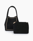 Black faux suede handbag with gold studs and matching pouch_Remi and Reid