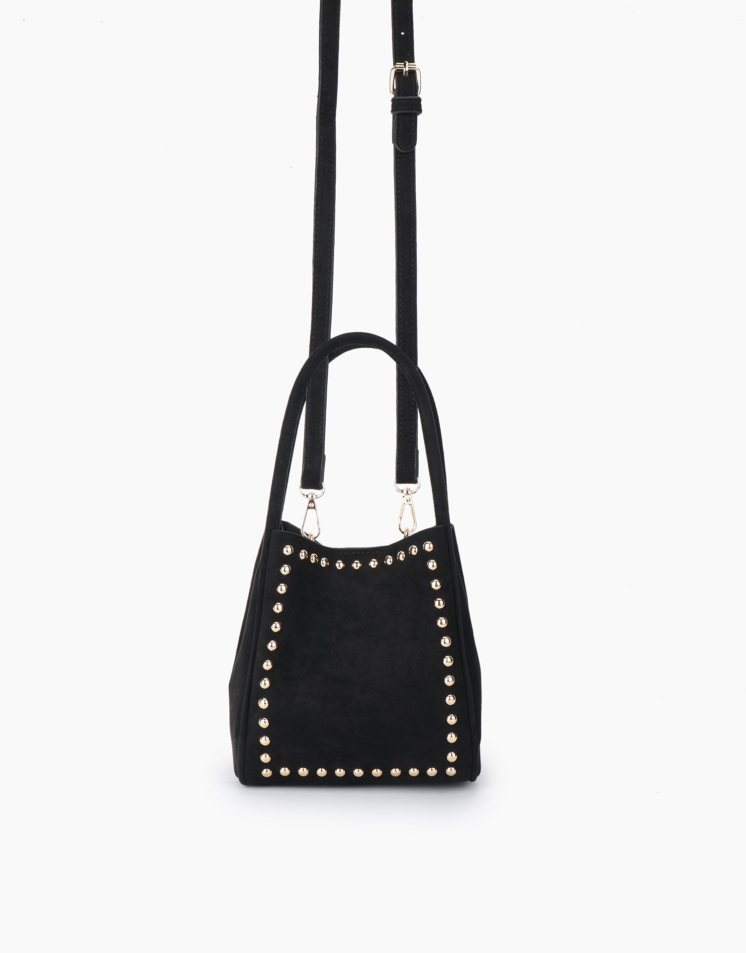 Black bucket bag with gold studs and adjustable crossbody strap_Remi and Reid