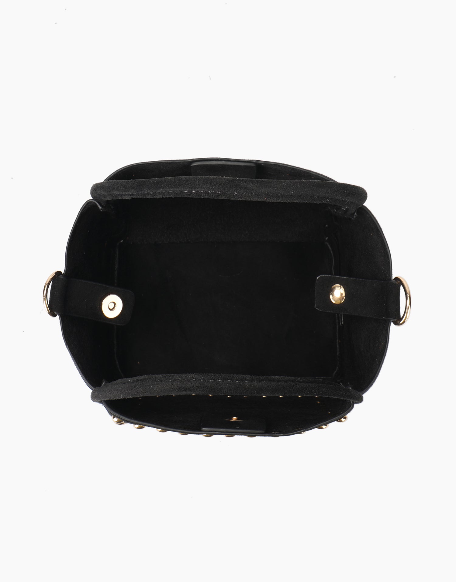 Interior of black mini handbag with gold hardware_Remi and Reid