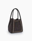Chocolate brown small tote in faux suede featuring metallic studs_Remi and Reid