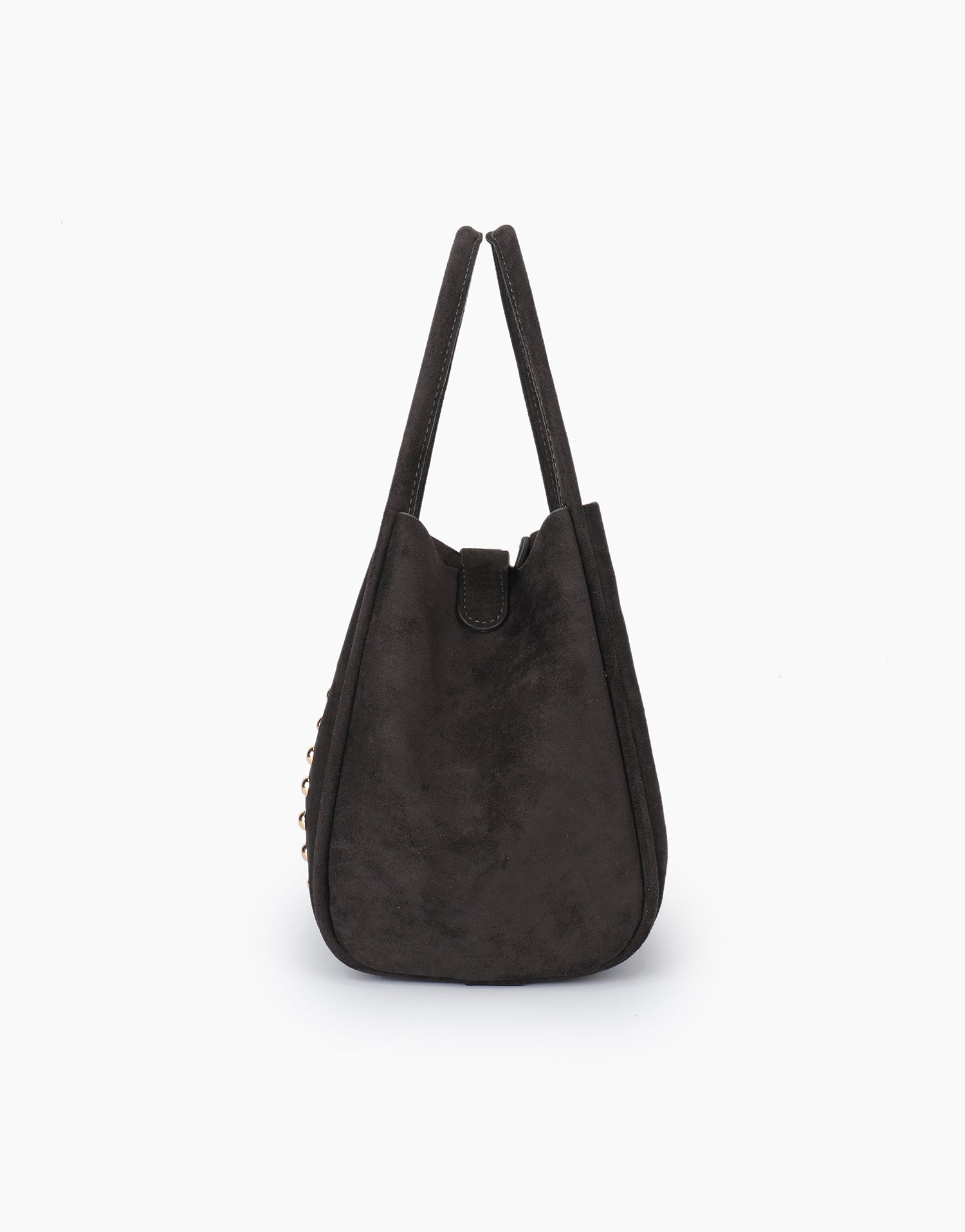 Chocolate brown mini tote in faux suede with metallic studs_Remi and Reid