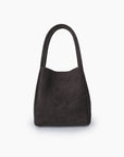 Brown mini tote in faux suede with metallic studs_Remi and Reid