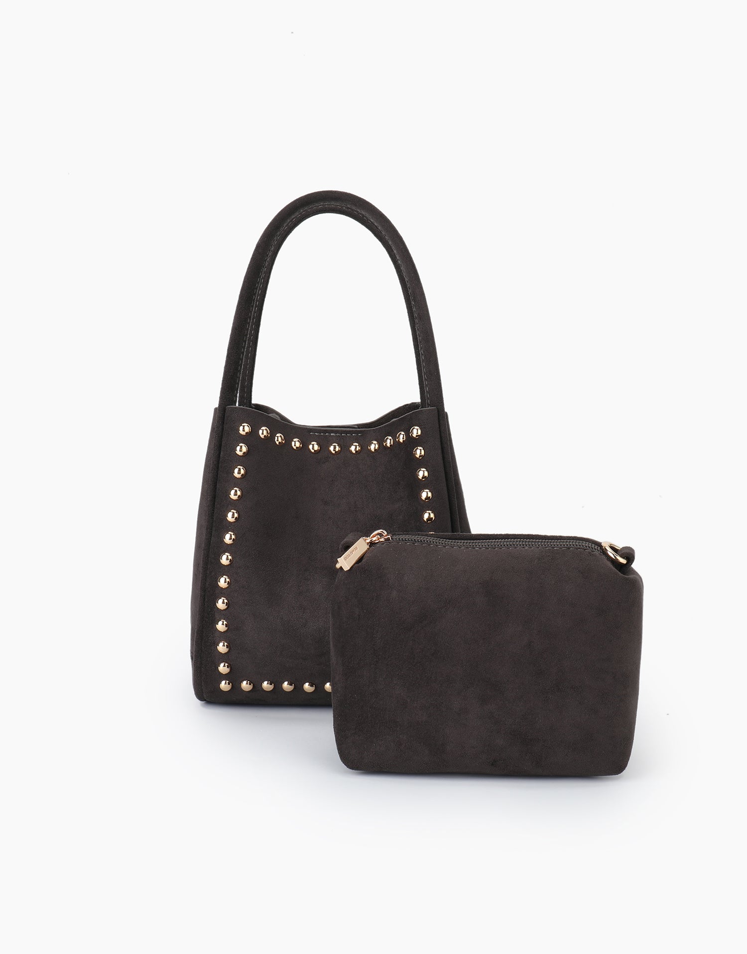 Brown mini tote with studded details and matching pouch_Remi and Reid