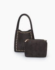 Brown mini tote with studded details and matching pouch_Remi and Reid