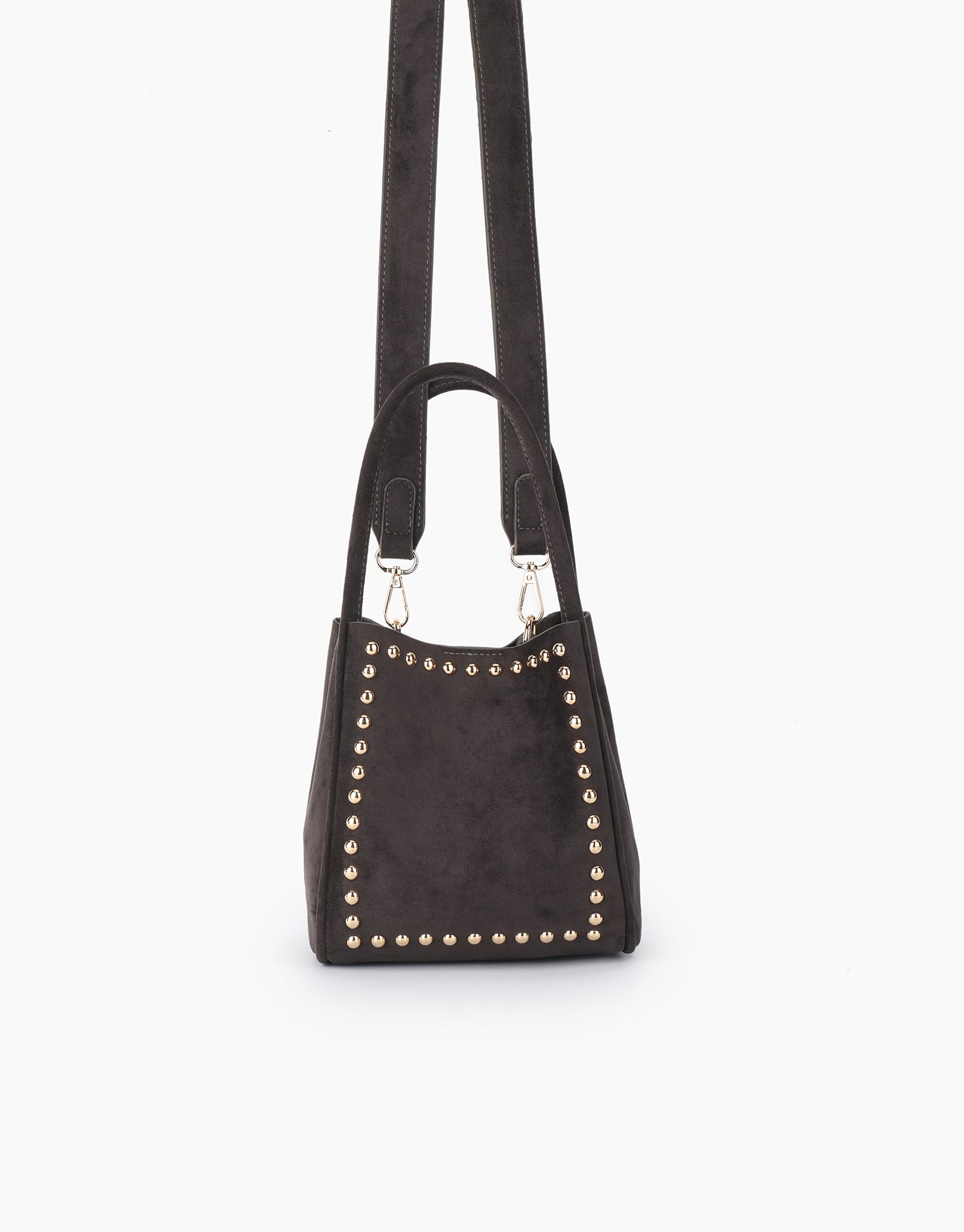 Stylish, dark brown faux suede mini tote with straps and studs design_Remi and Reid