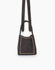 Stylish, dark brown faux suede mini tote with straps and studs design_Remi and Reid