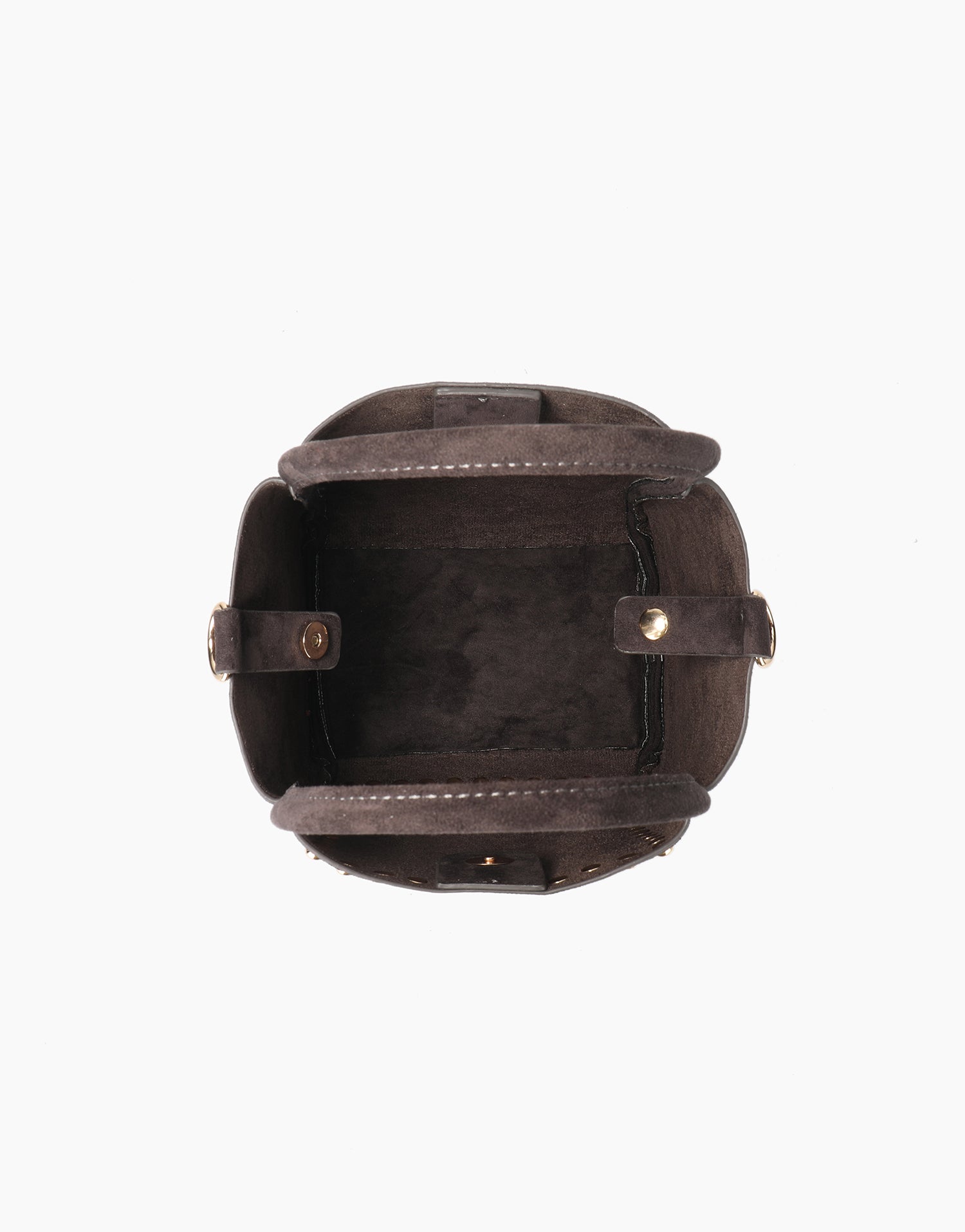 Interior view of dark brown faux suede mini tote with metal clasps_Remi and Reid