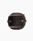 Interior view of dark brown faux suede mini tote with metal clasps_Remi and Reid