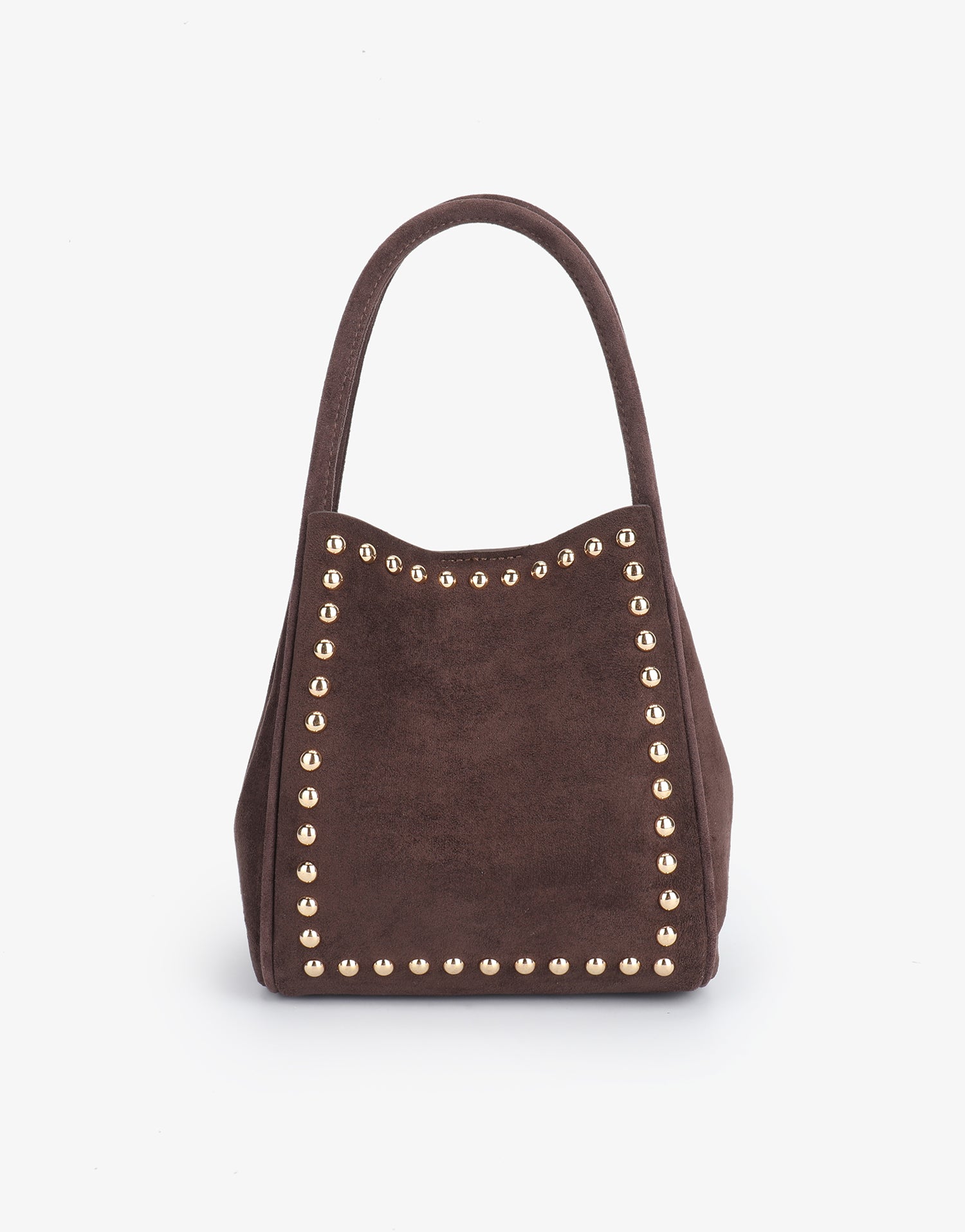 Brown mini handbag with gold studs_Remi and Reid