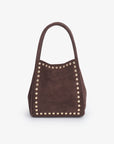 Brown mini handbag with gold studs_Remi and Reid