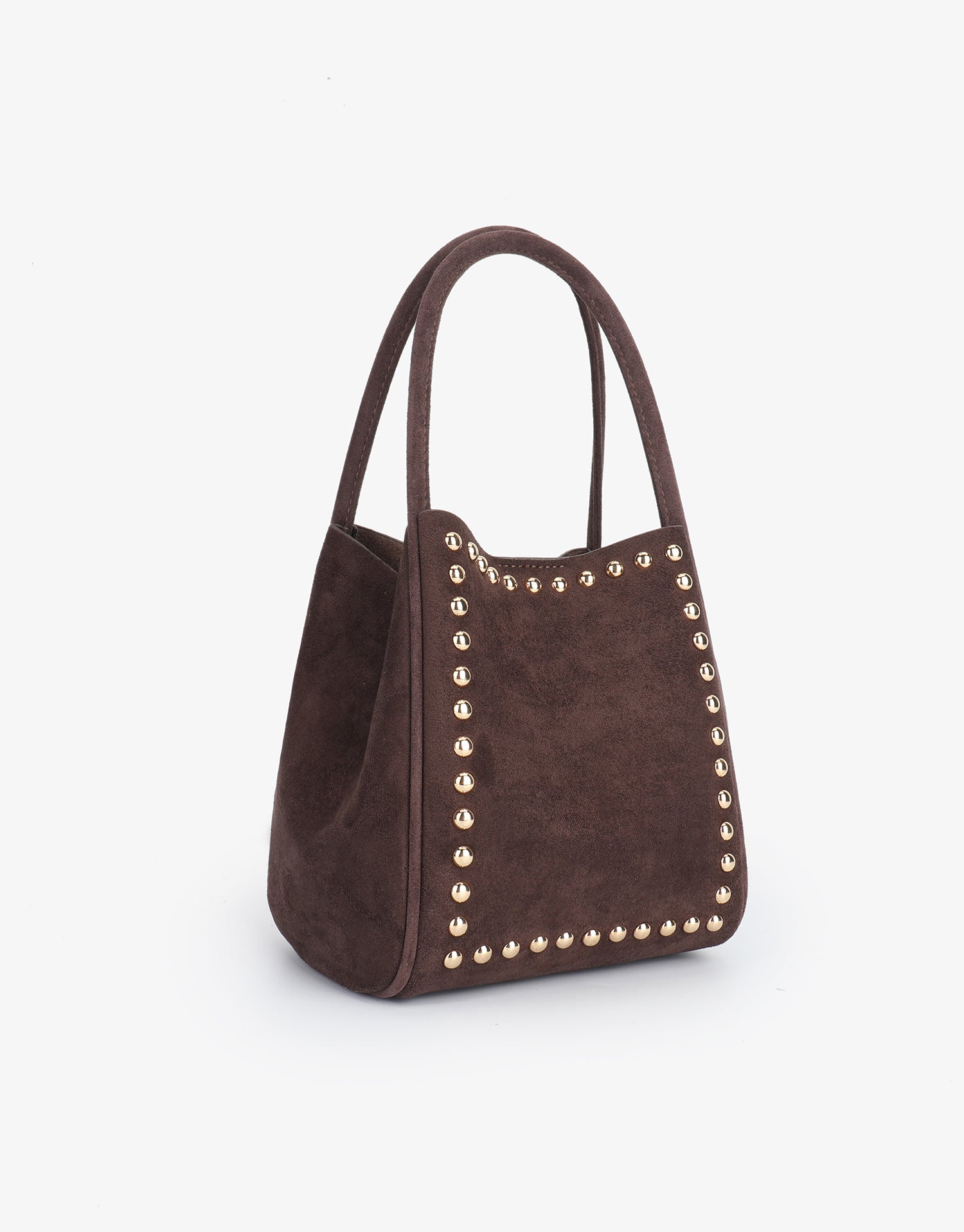 Brown faux suede handbag with gold studs_Remi and Reid