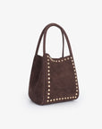 Brown faux suede handbag with gold studs_Remi and Reid