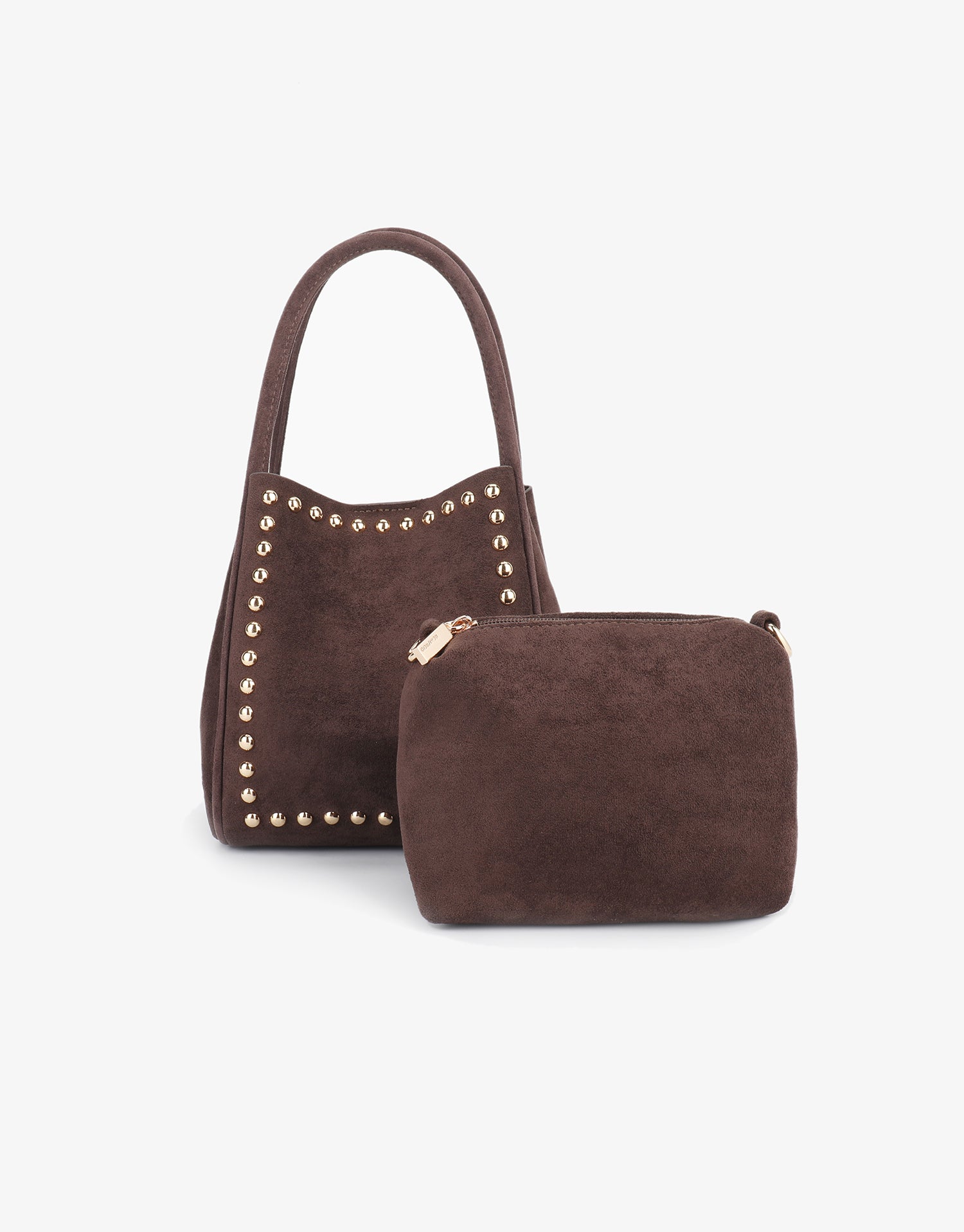 Brown faux suede handbag with gold studs and matching pouch_Remi and Reid