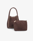 Brown faux suede handbag with gold studs and matching pouch_Remi and Reid