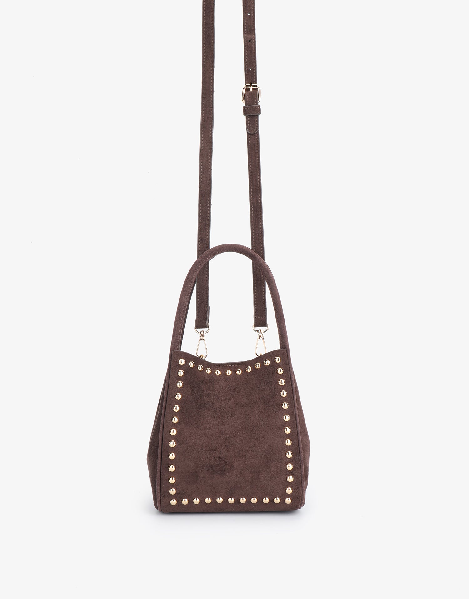 Brown faux suede handbag with body strap and studs design_Remi and Reid