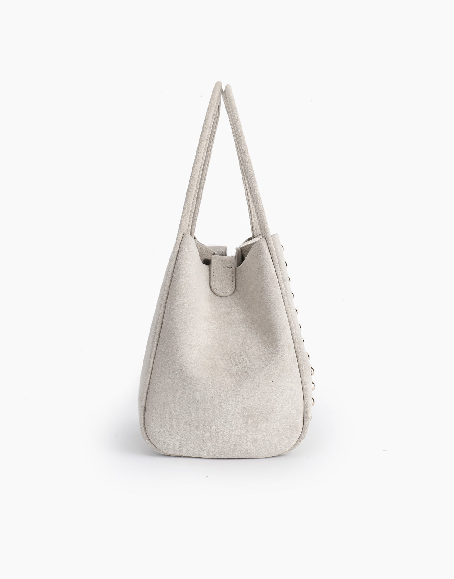 Cream white mini bucket bag with studded details in side view_Remi and Reid