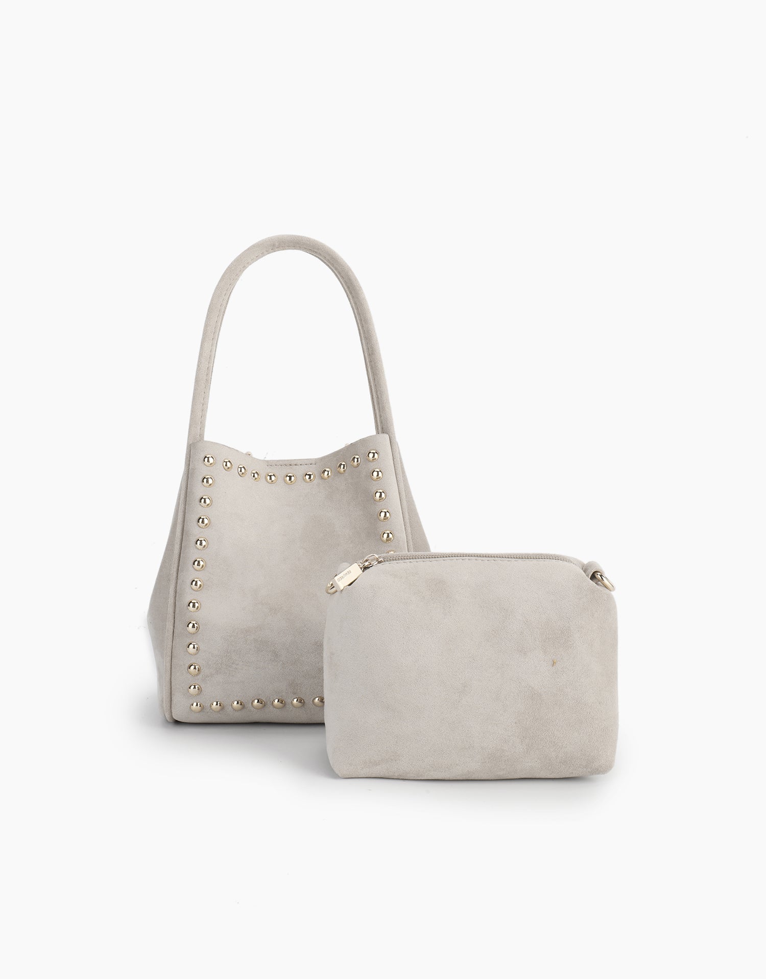 Cream white handbag with studded details and matching pouch_Remi and Reid