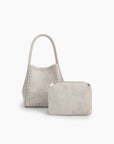 Cream white handbag with studded details and matching pouch_Remi and Reid