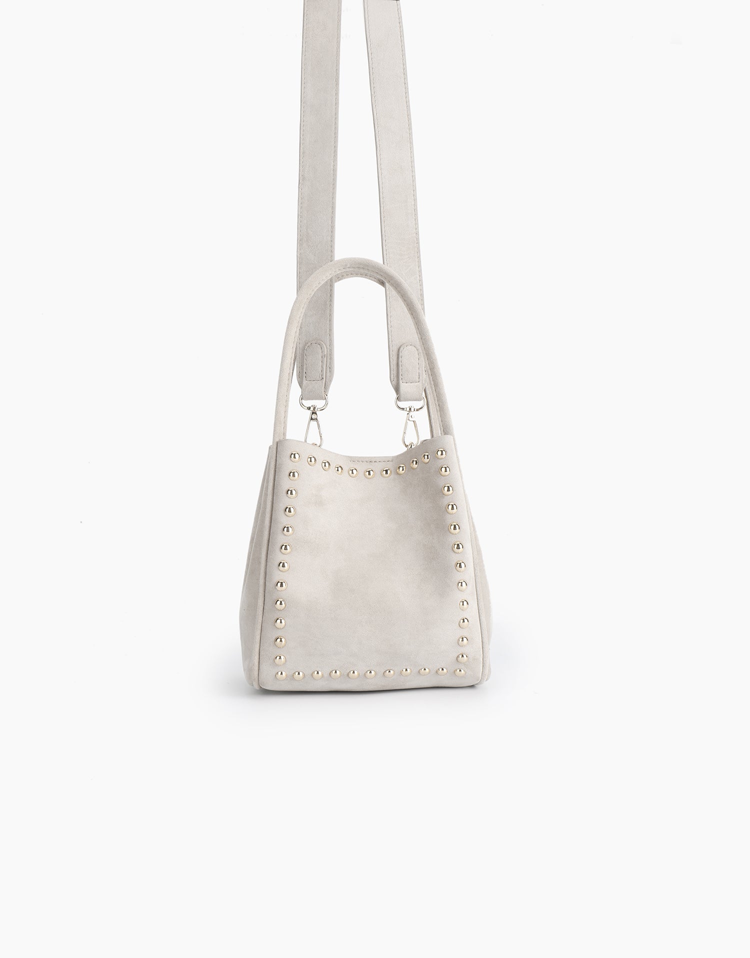 Studded cream white faux suede mini bag with shoulder strap_Remi and Reid