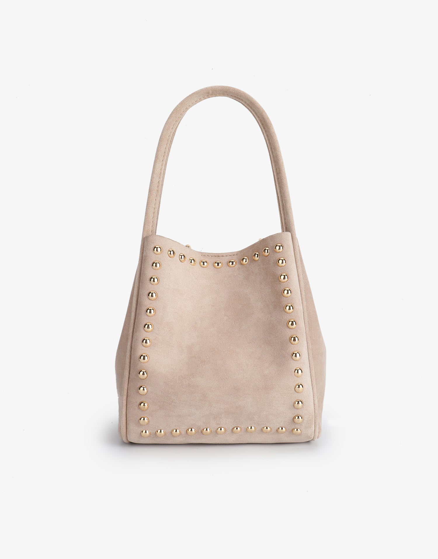 Beige mini faux suede bucket bag with gold studs_Remi and Reid