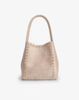 Beige mini faux suede bucket bag with gold studs_Remi and Reid