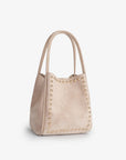 Beige mini tote handbag with gold studs_Remi and Reid