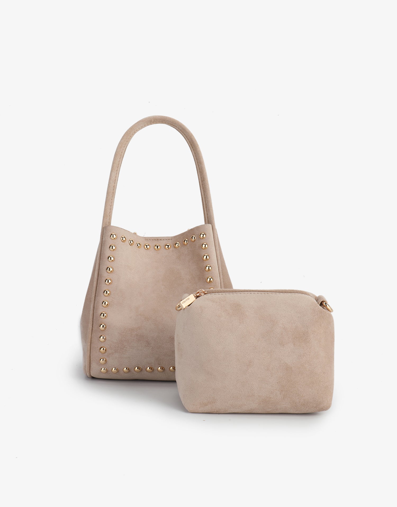Beige handbag with gold studs and matching pouch_Remi and Reid