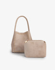 Beige handbag with gold studs and matching pouch_Remi and Reid